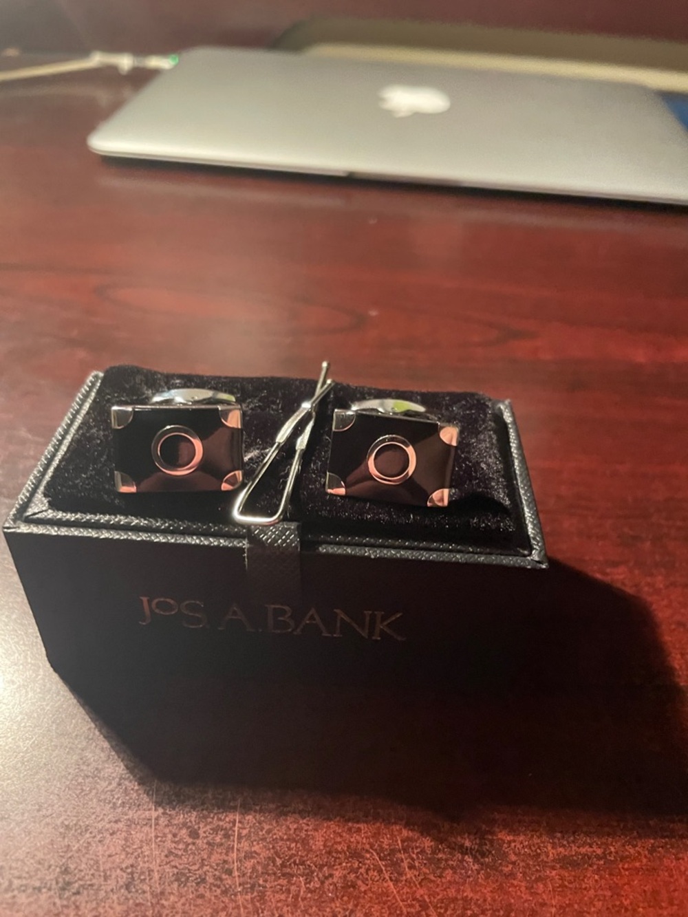 Jos. A. Bank Black and Rose Gold Accent Rectangular Cufflinks with Tie Bar